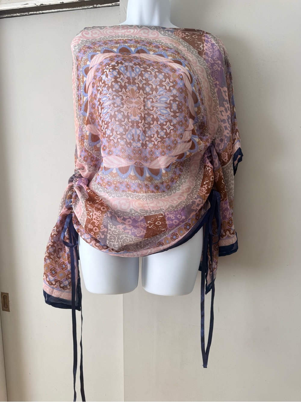 Sheer Printed Boho Blouse in Pink & Navy